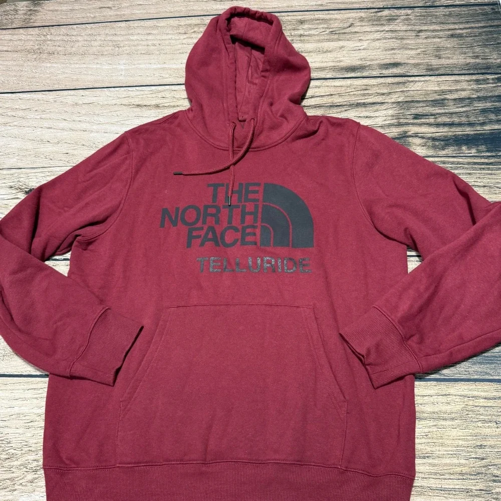 The North Face Hoodie Mens Large Red Telluride Colorado Logo Pullover Sweatshirt